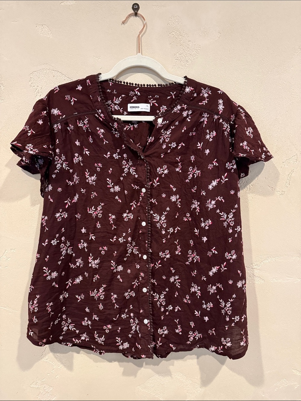 Sonoma Burgundy Floral Button-Front Blouse